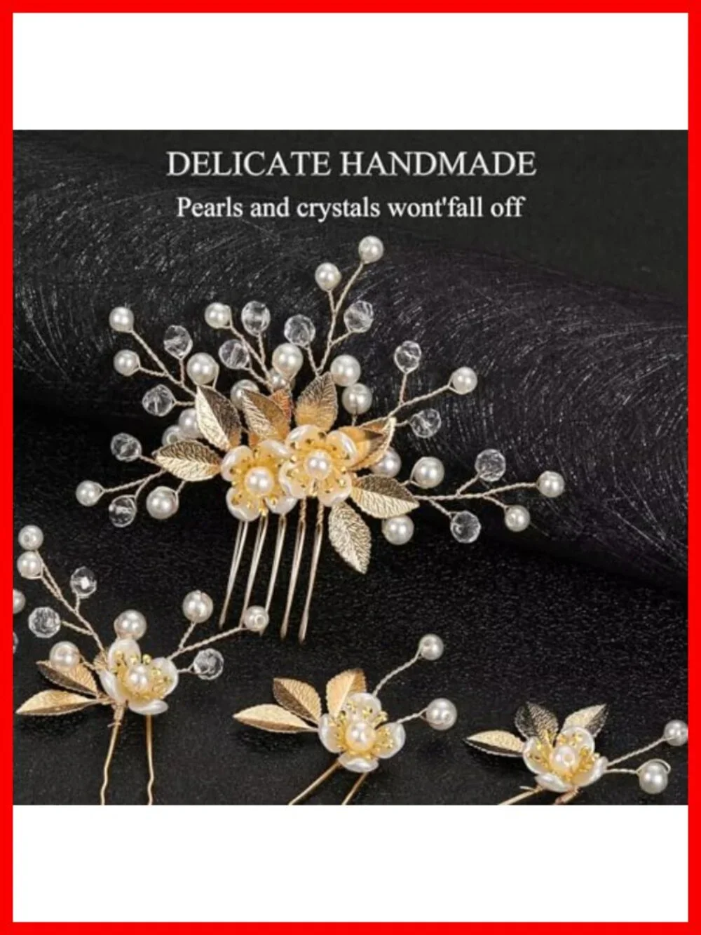 Set of 5 Leaf Floral Pearl Hair Pins, Gold, Bendable Wire, Wedding Prom